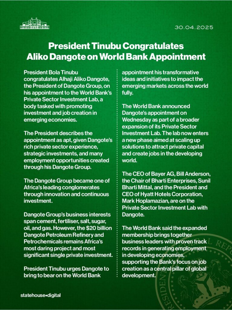 President Tinubu congratulates Dangote on World Bank appointment