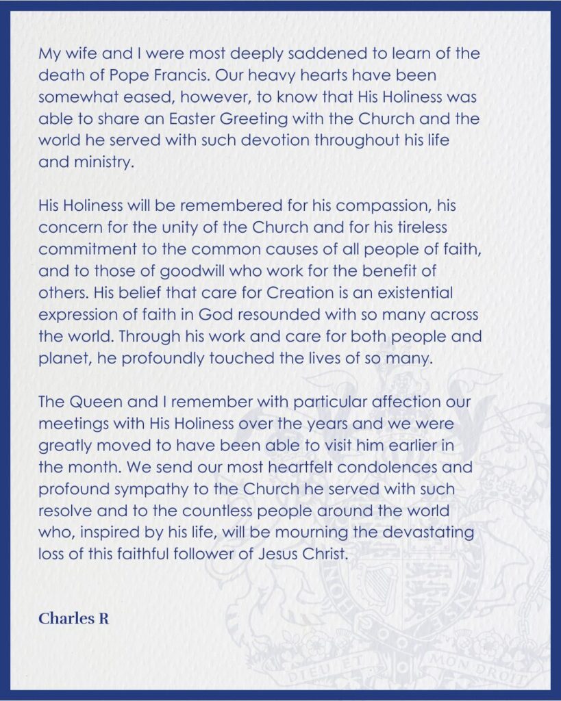 Pope Francis Passes At 88: 'He will be remembered for his concern for the unity of the Church' - King Charles III