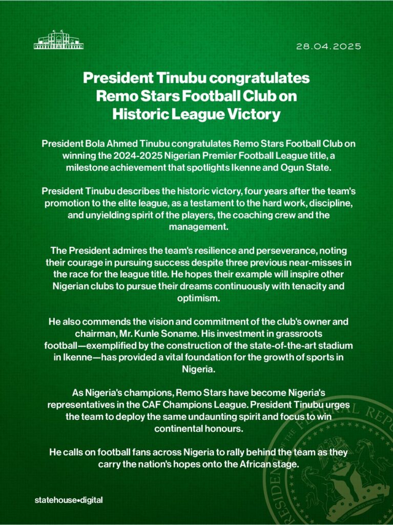 NPFL 2024/25: Remo Stars 1-0 Niger Tornadoes - President Tinubu congratulates Sky Blue Stars on 'Historic League Victory'