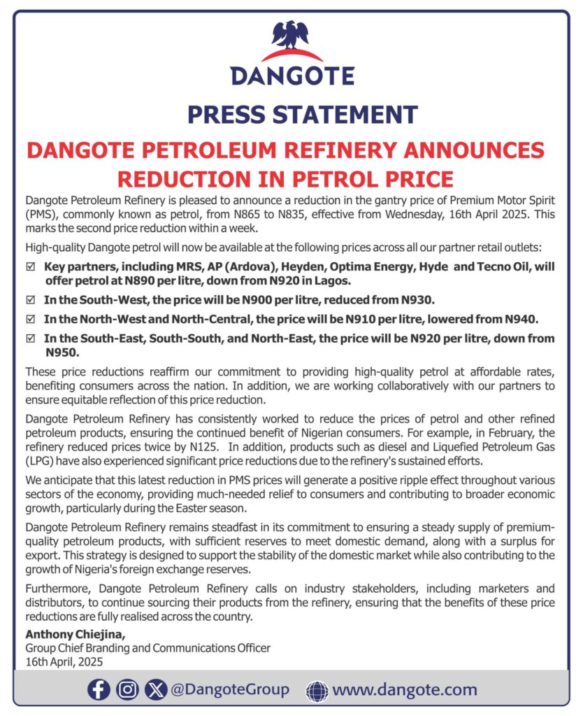 Press Statement - 'Dangote Petroleum Refinery announces reduction in petrol price from ₦865 to ₦835'