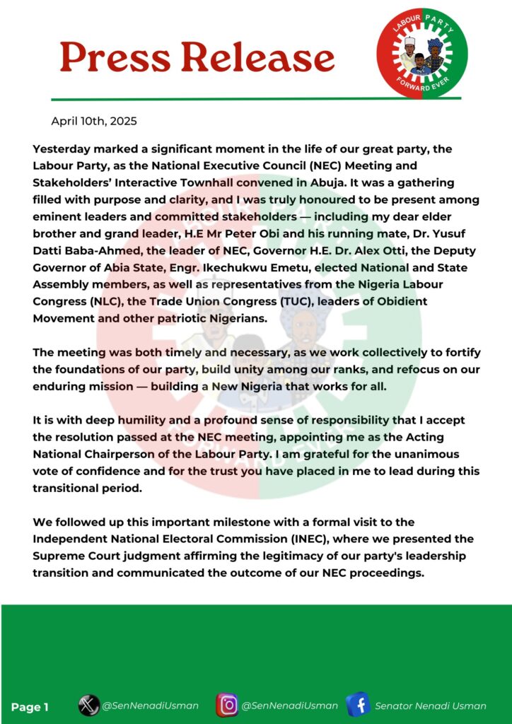 Press Release - Nenadi Usman expresses 'heartfelt appreciation' after being appointed Acting National Chairperson of Labour Party