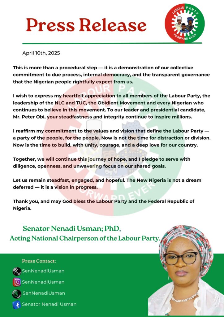 Press Release - Nenadi Usman expresses 'heartfelt appreciation' after being appointed Acting National Chairperson of Labour Party