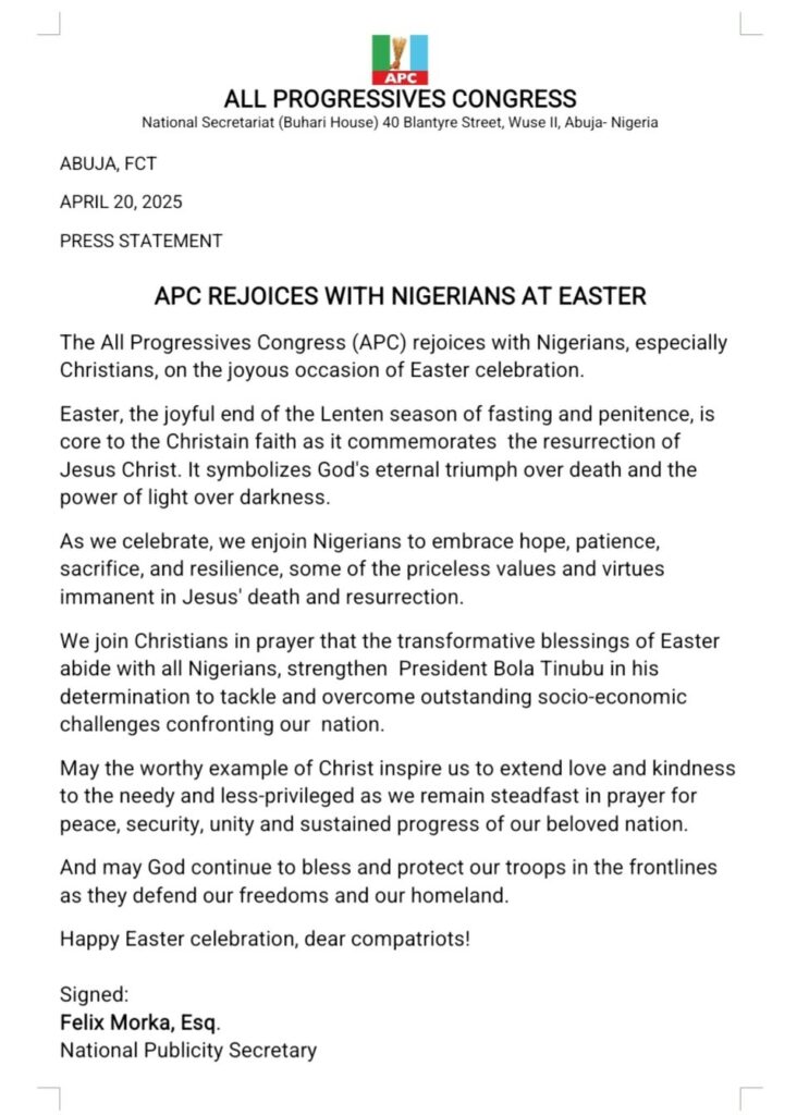 Easter 2025: 'The transformative blessings of Easter abide with all Nigerians' - APC