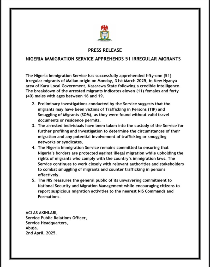 Press Release - 'Nigeria Immigration Service apprehends 51 irregular migrants of Malian origin'