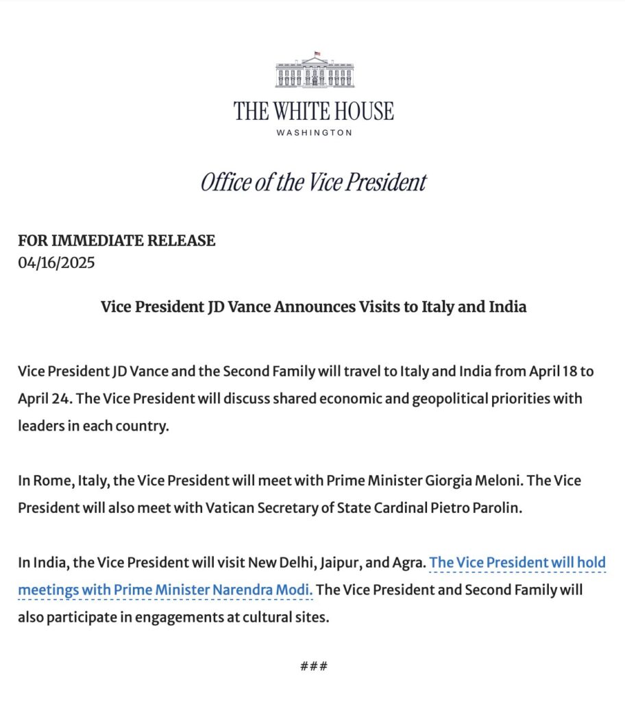 United States: JD and Usha Vance to visit Italy and India