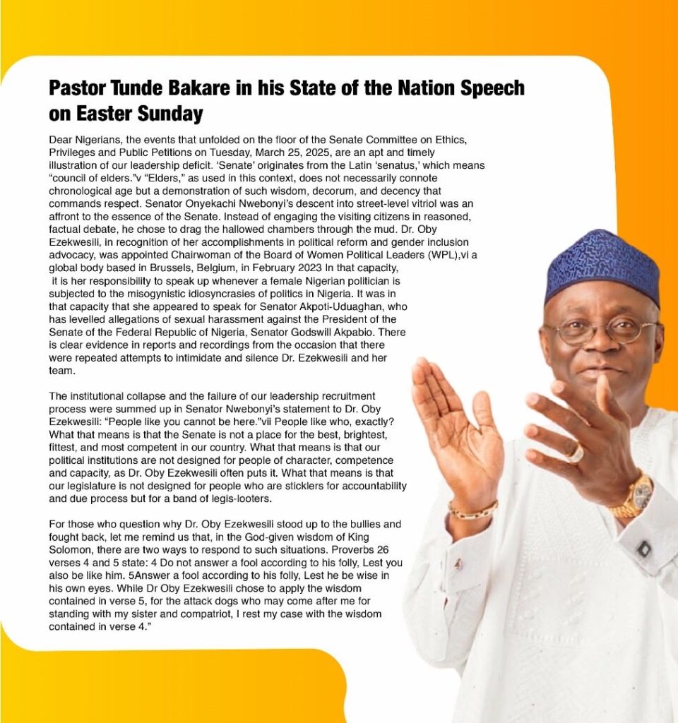 Easter 2025: Ezekwesili thanks Pastor Tunde Bakare 'for being a candid Voice of Reason in his State of the Nation Speech that called out the h*rrific state of governance'