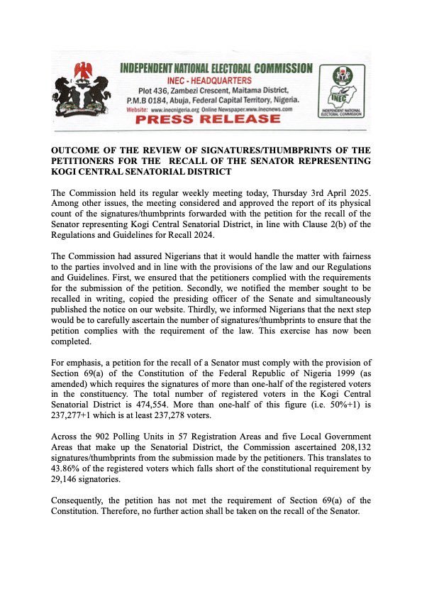 Akpabio V Natasha - 'Outcome of the review of signatures/thumbprints of the petitioners for the recall of the Senator representing Kogi Central'