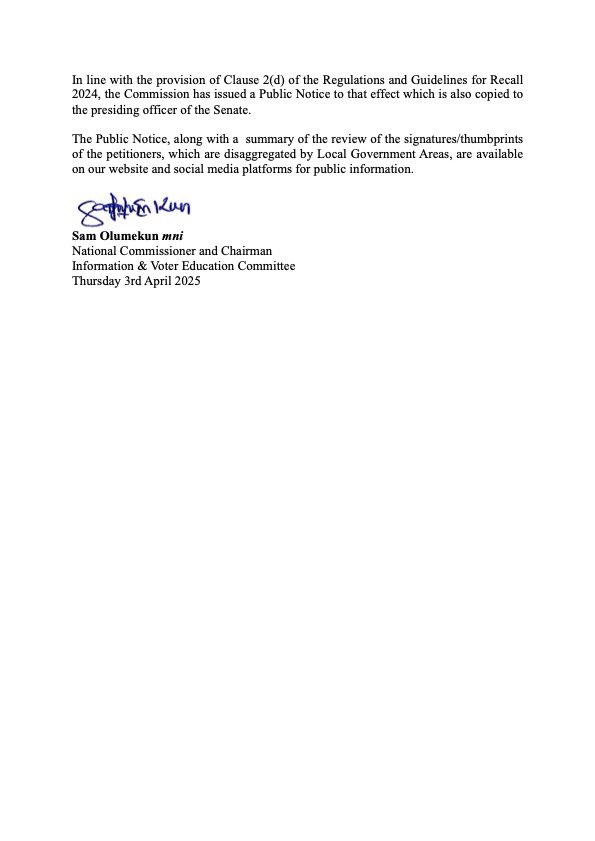 Akpabio V Natasha - 'Outcome of the review of signatures/thumbprints of the petitioners for the recall of the Senator representing Kogi Central'