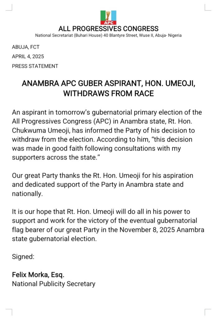 Anambra State Guber 2025: Press Statement - 'APC aspirant Hon. Umeoji withdraws from race'