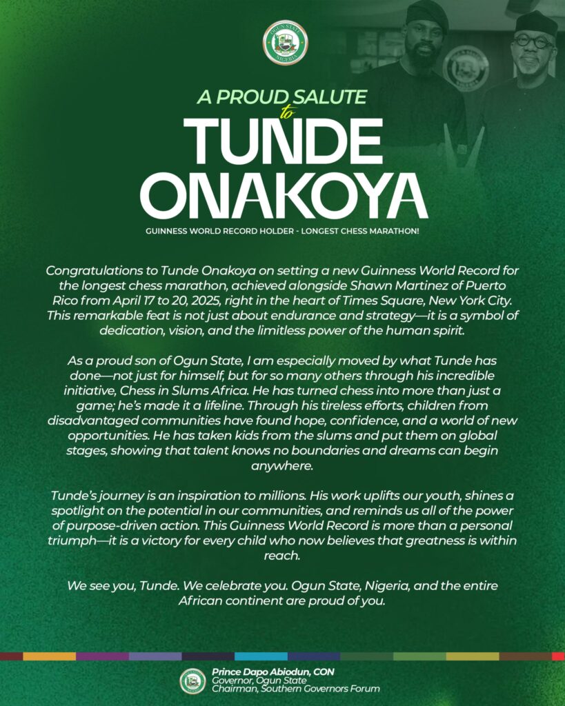 Governor Abiodun salutes Tunde Onakoya 'on setting a new Guinness World Record for the longest chess marathon'