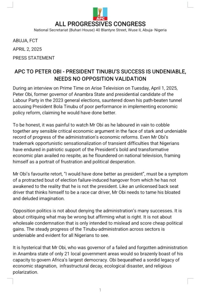 Press Statement - 'President Tinubu's success is undeniable, needs no opposition validation' - APC to Peter Obi