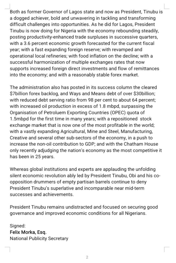Press Statement - 'President Tinubu's success is undeniable, needs no opposition validation' - APC to Peter Obi