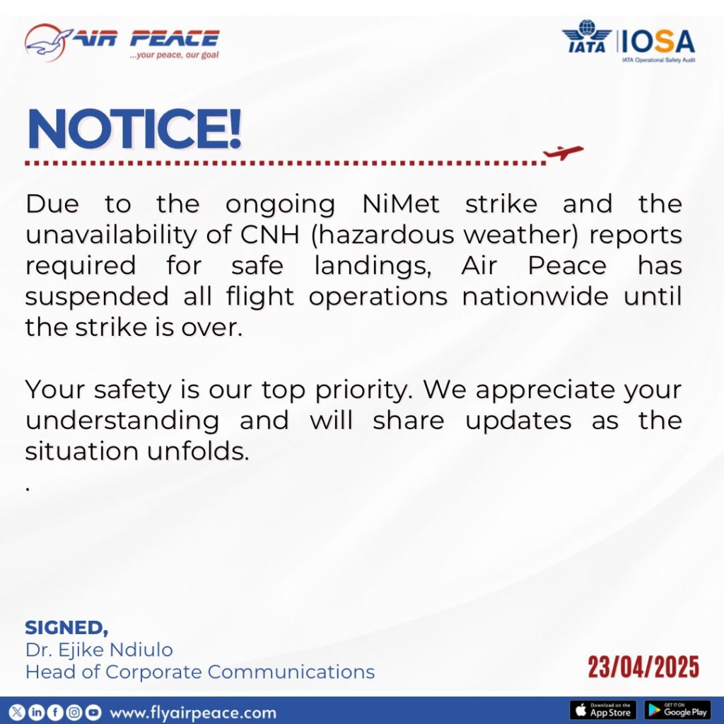 Air Peace suspends all flight operations nationwide due to ongoing NiMet strike