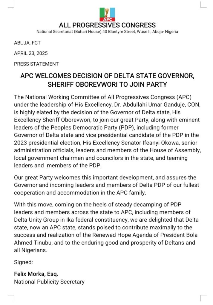 Press Statement - 'APC welcomes decision of Delta State Governor, Oborevwori, to join Party'