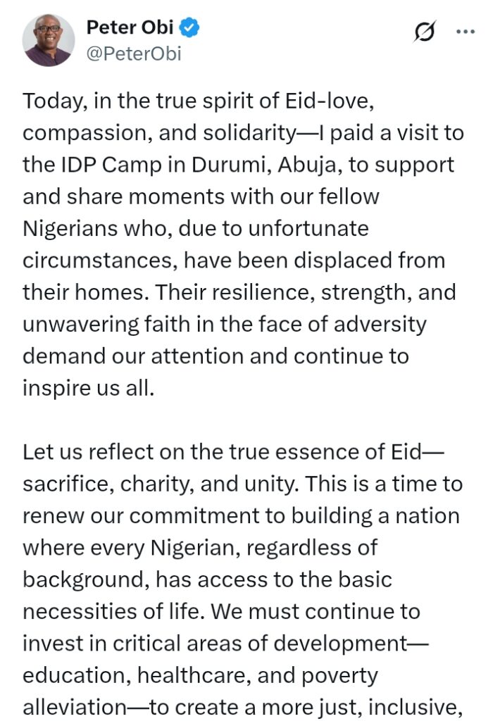 Eid Mubarak 2025: Photos - Peter Obi visits IDP Camp in Durumi, Abuja