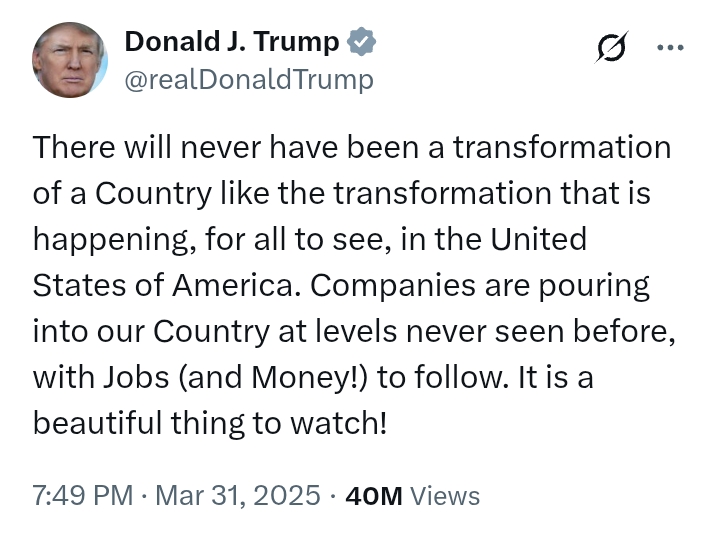 United States: 'Companies are pouring into our Country at levels never seen before' - President Trump