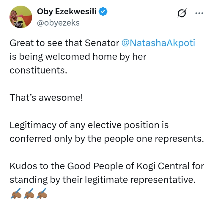 Senator Natasha's Homecoming: 'Legitimacy of any elective position is conferred only by the people one represents' - Ezekwesili
