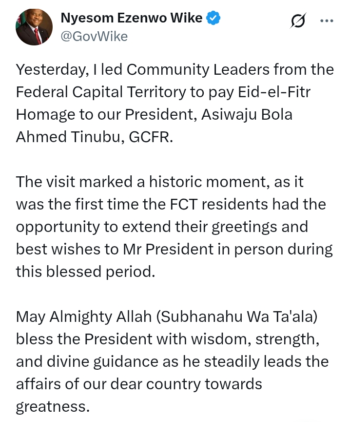 Eid-el-fitr 2025: Photos - Wike lead community leaders from FCT to pay homage to President Tinubu
