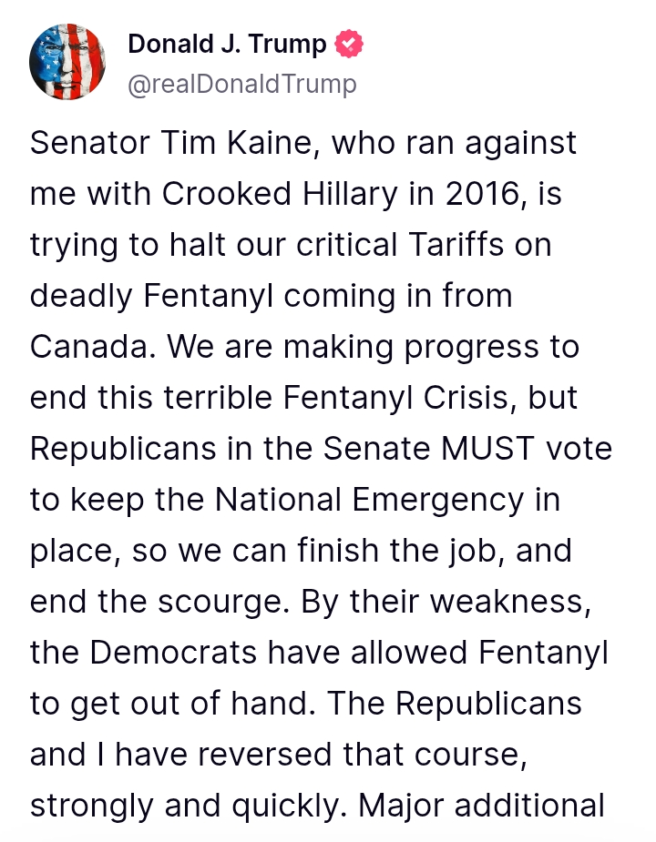 United States: 'Republicans in Senate must vote to keep the National Emergency so we end the scourge of Fent*nyl' in America - President Trump