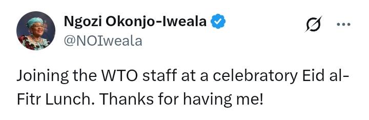 Eid-el-fitr 2025: Photos - WTO DG Okonjo-Iweala joins staff at celebratory lunch