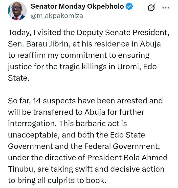 K*lling Of Hunters In Edo State: Governor Okpebholo visits Deputy Senate President, Jibrin, reaffirms commitment to 'ensuring justice for tragic killings'