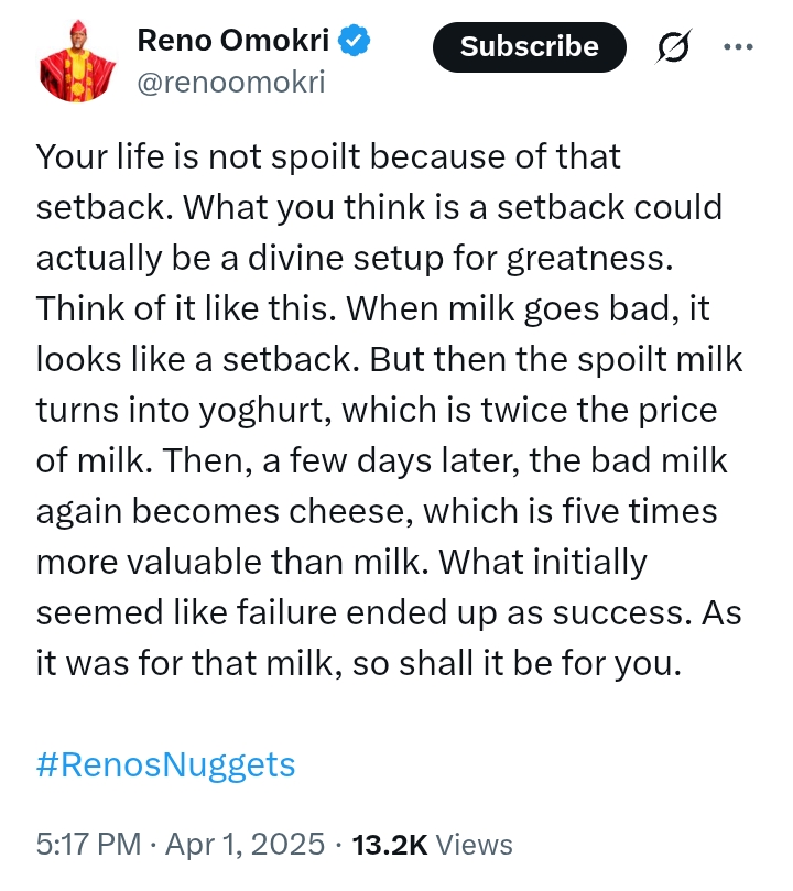 'What you think is a setback could actually be a divine setup for greatness' - Reno Omokri