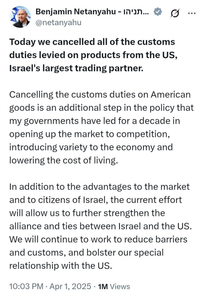 Israeli PM Netanyahu cancels all Customs duties levied on products from the US