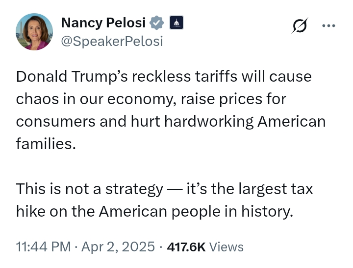 United States: 'Trump’s reckless tariffs will cause chaos in our economy' - Pelosi