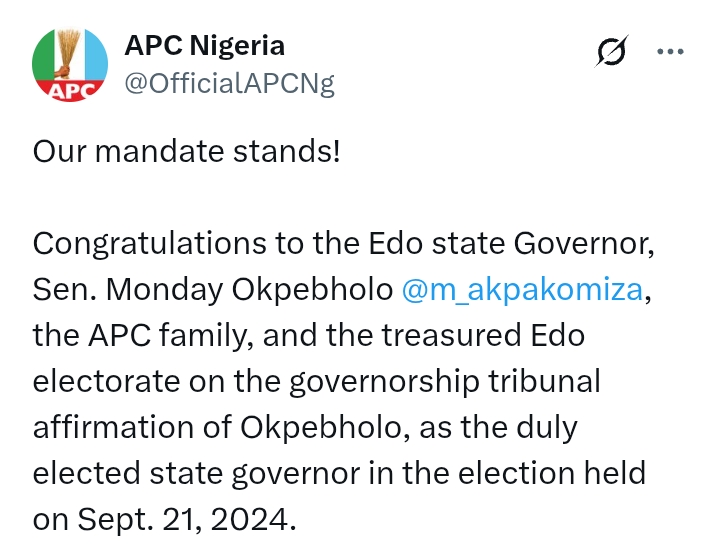 Edo State: Governorship tribunal affirms Okpebholo's election victory