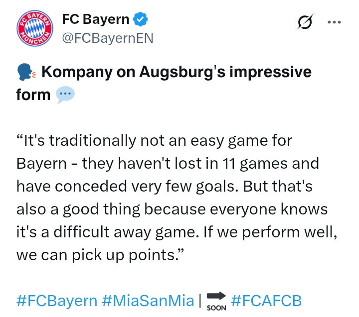 Bundesliga 2024/25: Augsburg V Bayern Munich - 'Traditionally not an easy game for us, they haven't lost in 11 games' - Kompany
