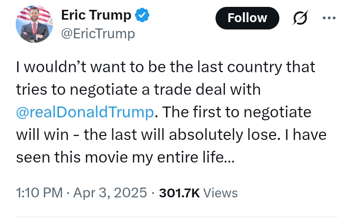 United States: The first country to negotiate a trade deal with Trump will win - the last will absolutely lose' - Eric Trump