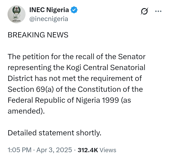 Akpabio V Natasha: 'Petition for recall of Kogi Central Senator has not met requirement of the Constitution of Nigeria' - INEC