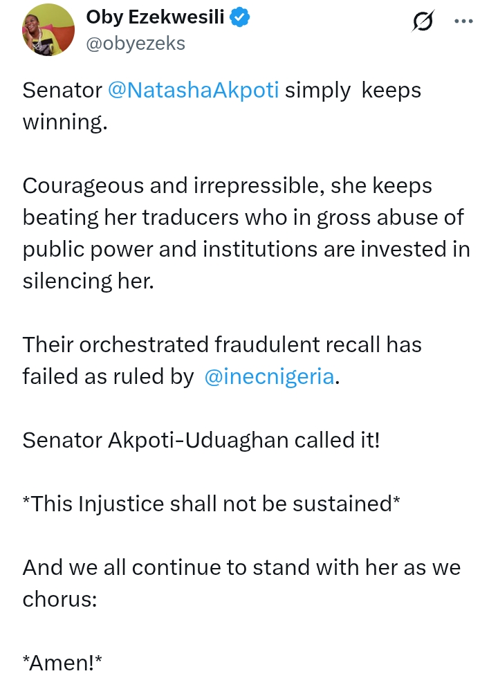 Akpabio V Natasha: 'We all continue to stand with her' - Ezekwesili reacts after INEC rules Senator Natasha's recall failed