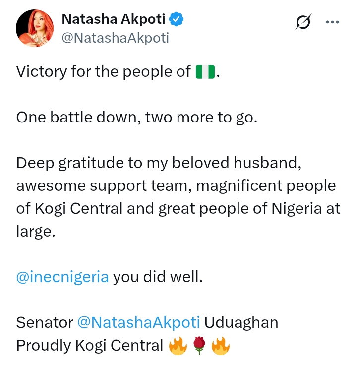 Akpabio V Natasha: 'You did well' - Senator Natasha hails INEC after the Electoral Body ruled her recall failed