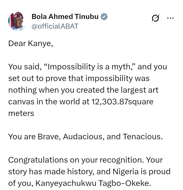 President Tinubu congratulates Kanye Tagbo-Okeke after creating 'the largest art canvas in the world at 12,303.87square meters'