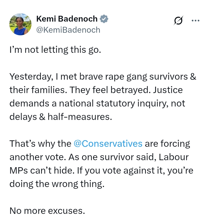 United Kingdom: 'I’m not letting this go' - Kemi Badenoch says after meeting r*pe gang survivors and their families