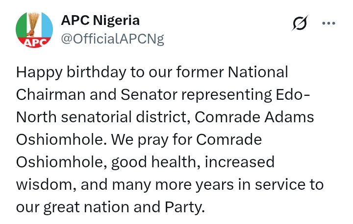 Oshiomhole At 73: 'Good health, increased wisdom' - APC