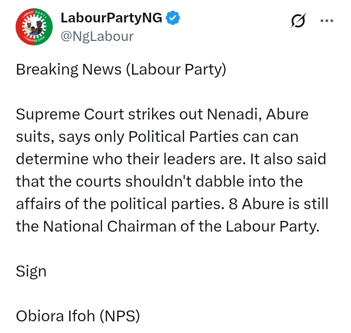 'Courts shouldn't dabble into the affairs of the political parties - Abure still LP National Chairman'