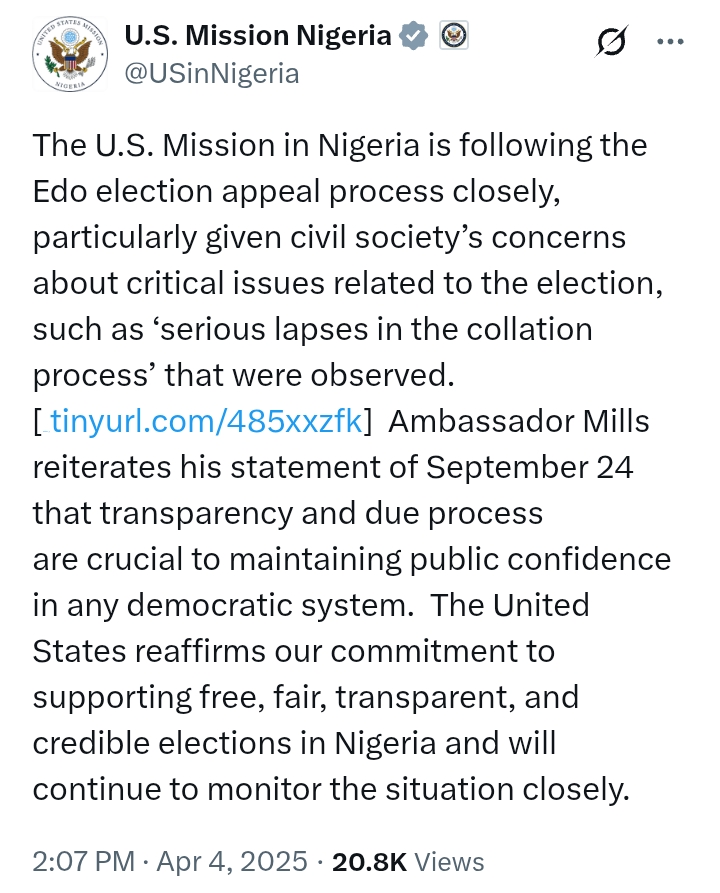Edo State Guber: 'We are closely following Edo State election appeal process' - US Mission Nigeria