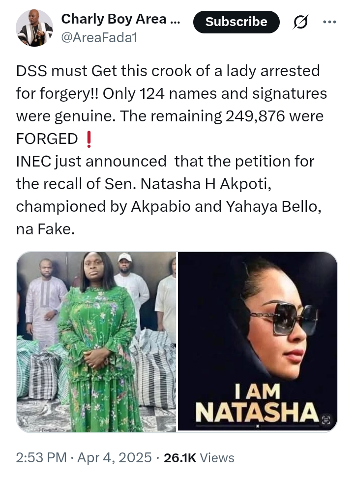 Akpabio V Natasha: Charly Boy calls for arrest of lady for 'forgery' - says 'only 124 names and signatures were genuine, remaining 249,876 were forged'