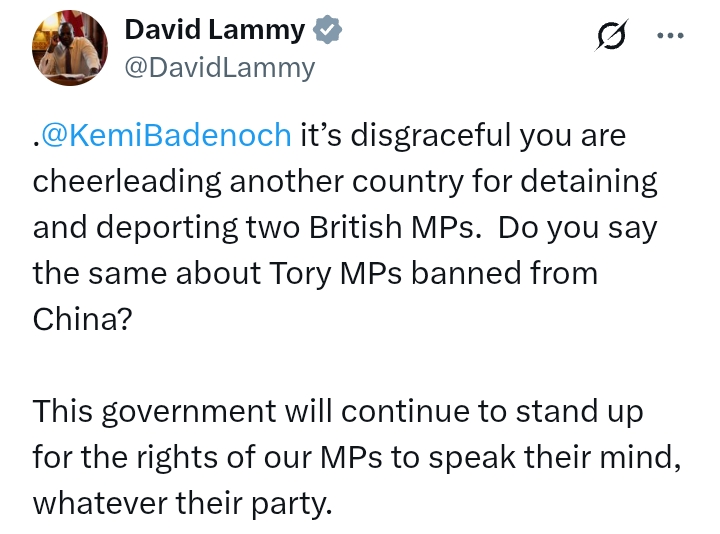United Kingdom: 'It's disgraceful Kemi Badenoch is cheerleading another country for detaining and deporting two British MPs' - Lammy