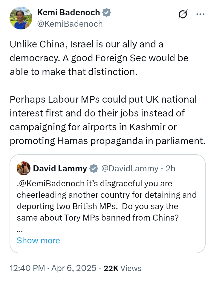 United Kingdom: 'It's disgraceful Kemi Badenoch is cheerleading another country for detaining and deporting two British MPs' - Lammy