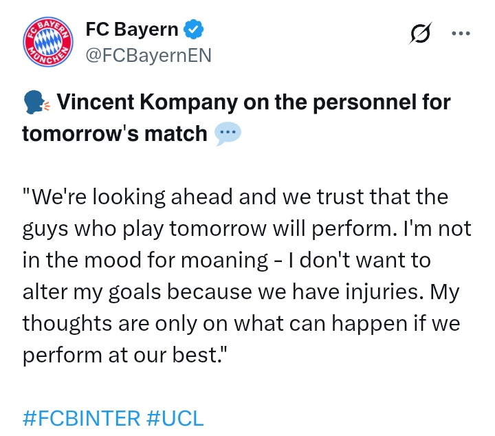 Uefa Champions League 2024/25: Bayern Munich V Inter - 'They're dangerous on counter-attack and set-pieces' - Kompany
