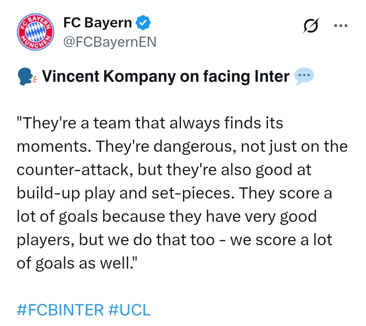 Uefa Champions League 2024/25: Bayern Munich V Inter - 'They're dangerous on counter-attack and set-pieces' - Kompany