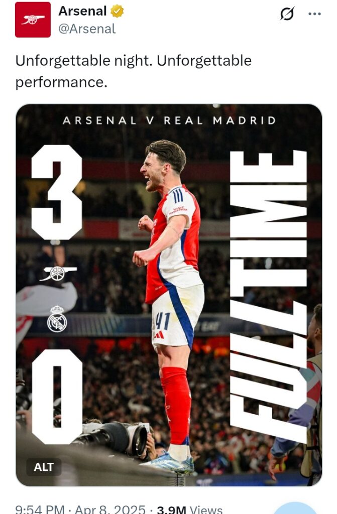 Uefa Champions League 2024/25: Arsenal 3-0 Real Madrid - Declan Rice net two free-kicks as holders shocked