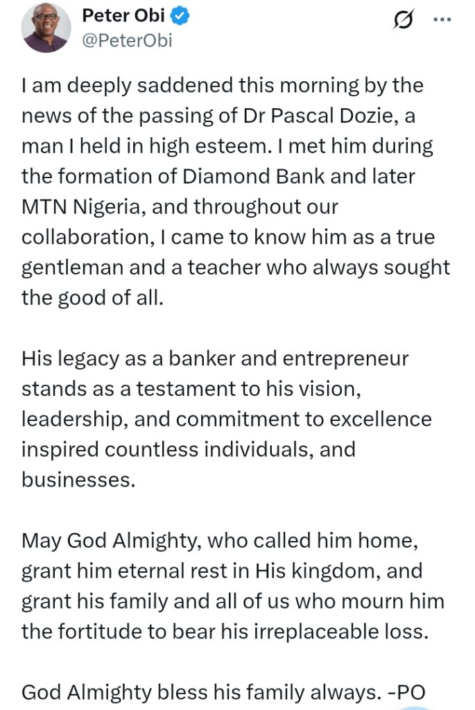 Pascal Dozie Passes At 86: 'A true gentleman who always sought the good of all' - Peter Obi