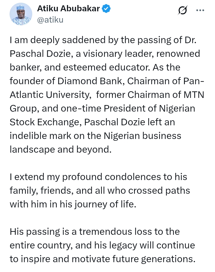 Pascal Dozie Passes At 86: 'A visionary leaders whose legacy will continue to inspire and motivate future generations' - Atiku
