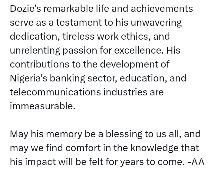 Pascal Dozie Passes At 86: 'A visionary leaders whose legacy will continue to inspire and motivate future generations' - Atiku