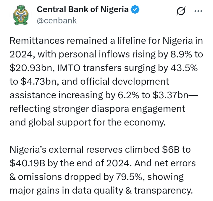 Nigeria's Economy: 'Nigeria’s external reserves climbed $6B to $40.19B by the end of 2024' - CBN