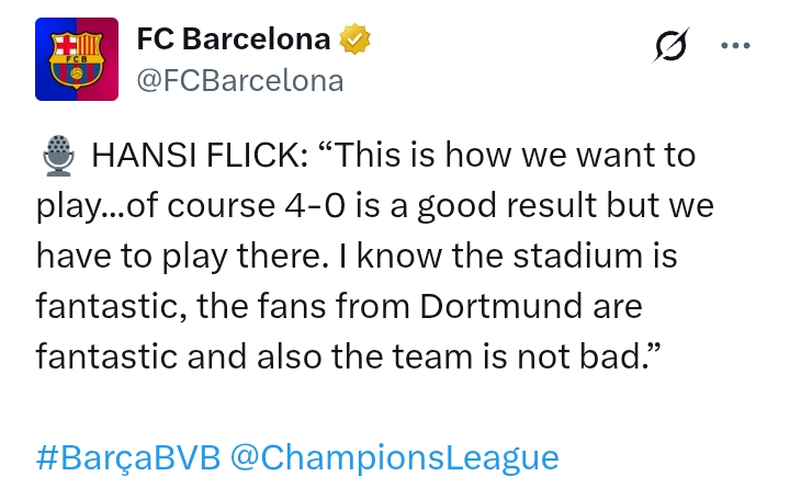 Uefa Champions League 2024/25: Barcelona 4-0 Dortmund - 'I'm happy, the performance was good' - Hansi Flick